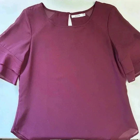 Ricki’s Blouse  Short Sleeve Sheer Flowy Ruffle Sleeves Burgundy Size Small - Picture 14 of 16